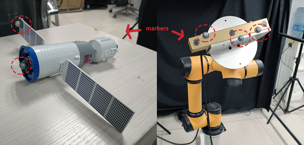 paste motion capture markers on the robotic arm and space orbiting aircraft