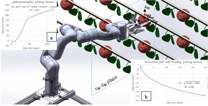 Figure 3. Trajectories of two types of picking movements: (a) anthropomorphic picking movements and (b) 