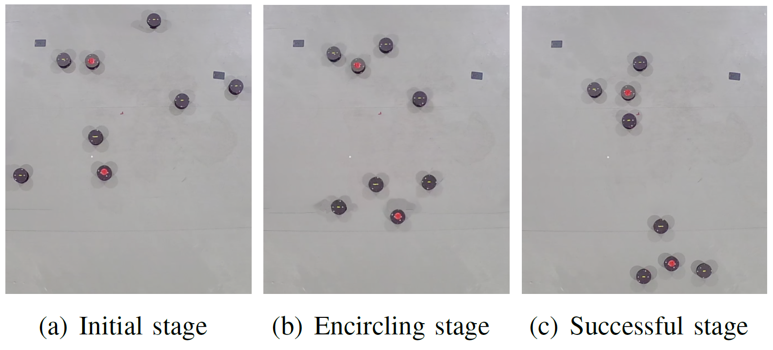 Snapshots of 6 robots encircling 2 targets in 2 obstacle environment
