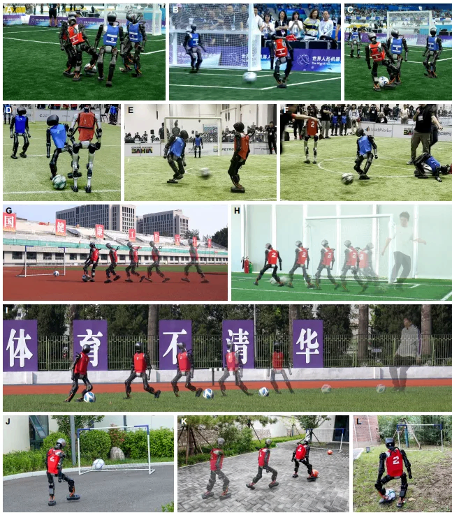 Vision-driven humanoid soccer controller demonstrated in real competitions and diverse terrains, with reactive ball tracking, kicking, and adaptive motion control