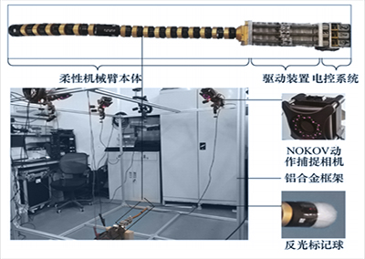 The structure of the flexible robot arm and the NOKOV motion capture system are arranged above it